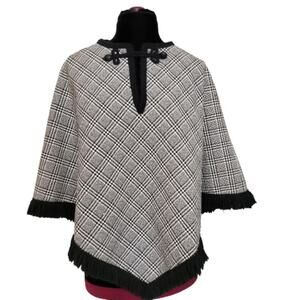 Frank Lee Striped Asymmetric Grey Black Plaid Poncho Shawl
